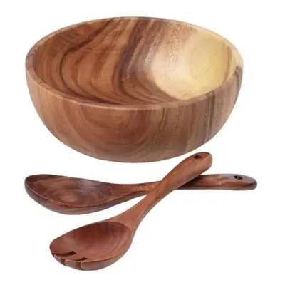 (brown) 3pcs/set Salad Bowl Burr Free Easy To Clean Wooden Noodles Container With Spoon Fork Cut