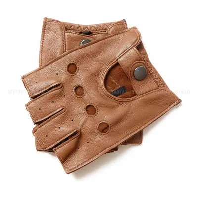 (brown, S) Gours Real Leather Gloves Men 100% Genuine Deerskin Fingerless Gloves Half-finger Fit