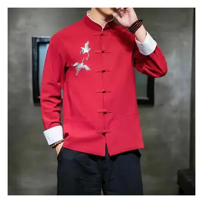 (red, XXXXL) Shirts Traditional Chinese Vintage Clothing Men&apos;s Half Sleeve Linen Solid Mada