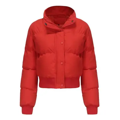 (red, 2XL) Women's Short Thick Jackets Cotton High Collar Long Sleeves Zipper Warm Puffer Coats 