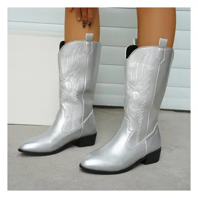 (silver, 38) Autumn Winter Women Boots For Womens Boots Ankle Boots Low Heels Women Western Cowb