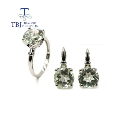 (green, us ring size 7#) Tbj,100% Natural Green Amethyst Gemstone Sterling Silver Ring Earrings 