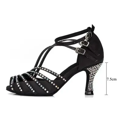 (black, 41) Dileechi Black Stain Rhinestones Latin Dance Shoes Female Soft Outsole Party Square 