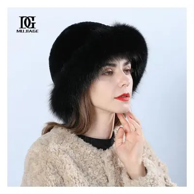 (black, One Size(55-59cm)) Hat Female Winter Rex Rabbit Fur Woven Fox Fur Fisherman Hat Hat Wint