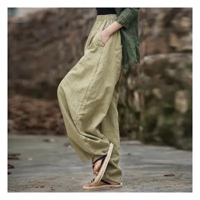 (light yellow, One Size) Johnature Women Vintage Ramie Wide Leg Pants Solid Color Elastic Waist 