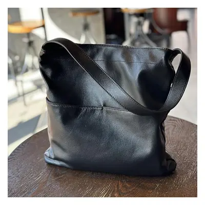 (black) Johnature Genuine Leather Shoulder Bags Simple Soft Cowhide Large Capacity Women Casual 