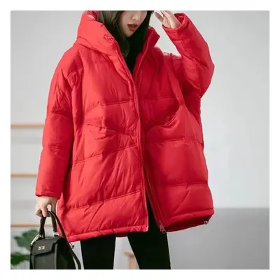 (red, M) Down Jacket Women&apos;s Long Hooded Oversized Loose Korean Version Thick White Duck Do