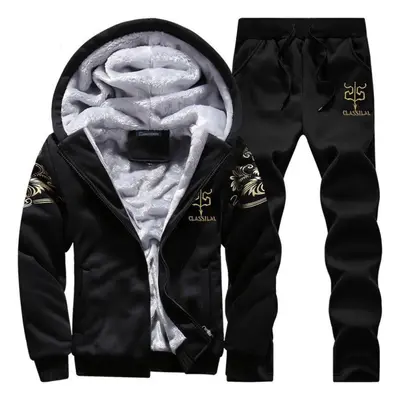 (black, XL) Thick Tracksuit Men Autumn Winter Warm Casual Men&apos;s Set Printing Hooded Jacket 