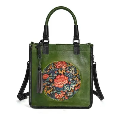 (green) Johnature Chinese Style Retro Embossed Women Bag Genuine Leather Versatile Real Cowhide 