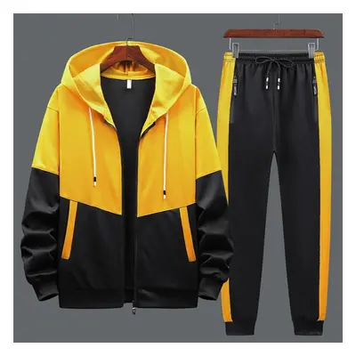 (yellow, M) Two Piece Fashion Coat Long Sleeve Sports Suit Men&apos;s Casual Hooded Sweater Pant