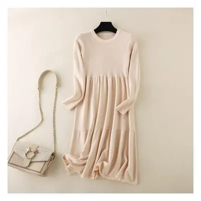 (apricot, OneSize) Women Autumn Winter O Neck Long Sleeve Solid Color Loose Knit Sweater Dress