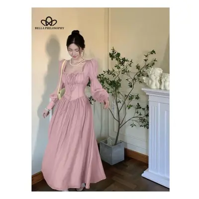 (pink, M) Summer New French Elegant Fashion Fairy Long Dresses For Women Lantern Sleeve Beach Ho