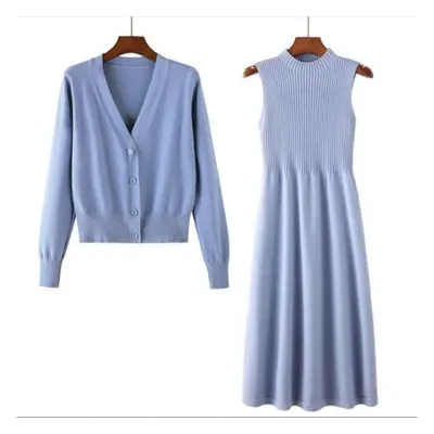 (light blue, M) Autumn Cardigan Dress Two-piece Elegant Temperament Suit Mid-length Style Waist 