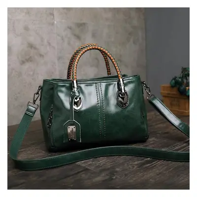 (green) Hand-woven Top-handle Bag Large Capacity Leather Handbags Stone Pattern Crossbody Should