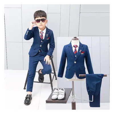 (blue, 120cm) Boy Children Fashion Small Suit Three-piece Suit Including Suit Pants And Vest