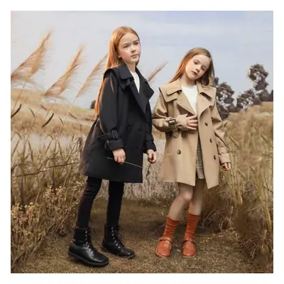 (black, 150) Girls&apos; Wind Coat Medium And Large Children Thickened Children&apos;s Mid-lengt