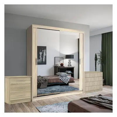 (Oak, cm) Chen Sliding Mirror Wardrobe With Chest Drawers