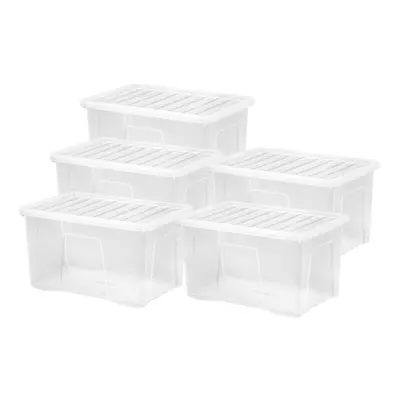 (5 Pack 60L Box) Wham Plastic Storage Shelf Box Stackable Containers Clear With Secure Clip Lid