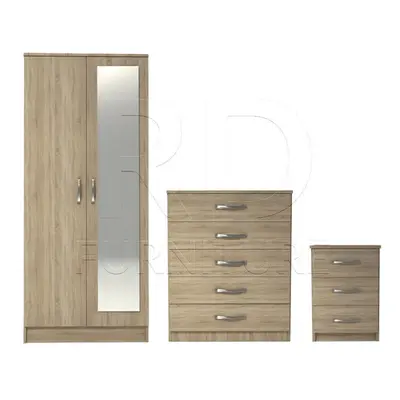 Ready assembled Pcs Classic Door Mirrored Wardrobe, chest And Bedside Set Oak