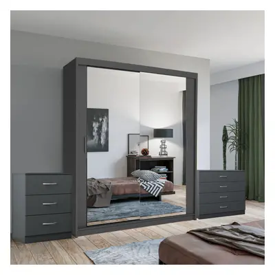 (Grey, cm) Chen Sliding Mirror Wardrobe With Chest Drawers