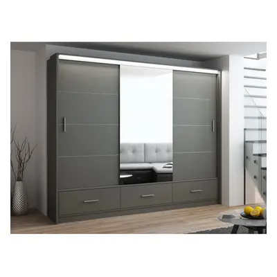 (Grey Mat, door cm width) Sliding door wardrobe Marsylia with mirror and led