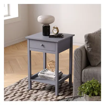 Grey Side Table with Single Drawer and Round Solid Wood Handle