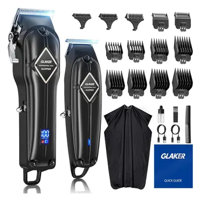 Men's Professional Hair Clipper + T-Blade Trimmer Set - Cordless Haircutting Set with Premium Gu