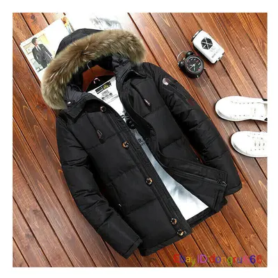 (Black, Asia 4XL=UK 3XL) Men's Duck Down Jacket Fur Collar Thick Warm Winter Hooded Coat Outwear