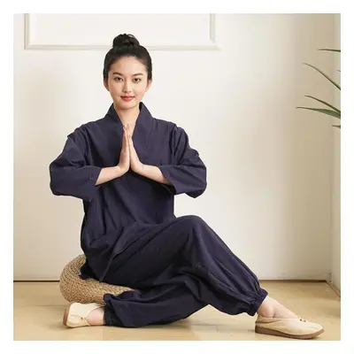 (navy blue, M) Meditation Clothes For Men And Women Lay Clothes Summer Three-quarter Sleeve Slub