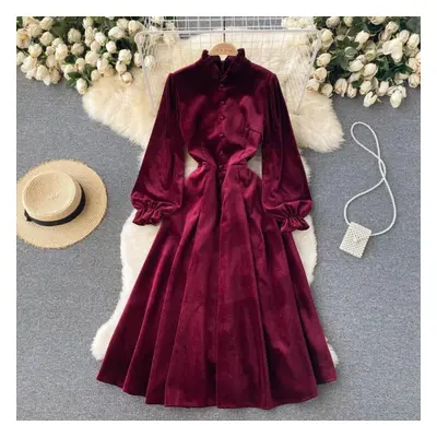 (red, L) High Quality Autumn Winter Women Vintage Palace Velvet Party Dress Fashion Stand Collar