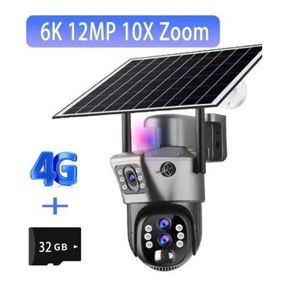 (6K 10xZoom Add 32G) Solar Camera 4g Sim Card Outdoor Surveillance 6k Three Lens Digital Zoom Wi