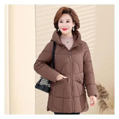 (coffee, XXXL) Thick Hooded Cotton Coat For Middle-aged And Elderly Mothers Loose And Warm Cotto