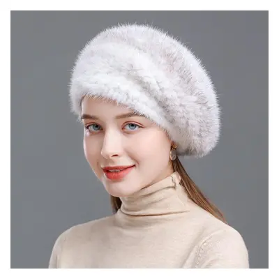 (white, one size) Fashion Mink Fur Hat Winter Knitted Beret