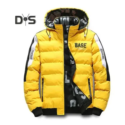 (yellow, M) Winter Men Cotton Jacket With Detachable Hood Reversible Zipper Pocket Thickened Win