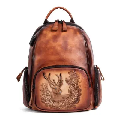 (brown) Johnature Vintage Bag Handmde Embossing Women Cowhide Backpack Genuine Leather Large Cap