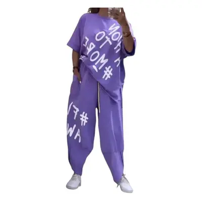 (purple, M) Spring Casual Women&apos;s 2-piece Suit Round Neck Short Sleeve Loose Trousers Outfi