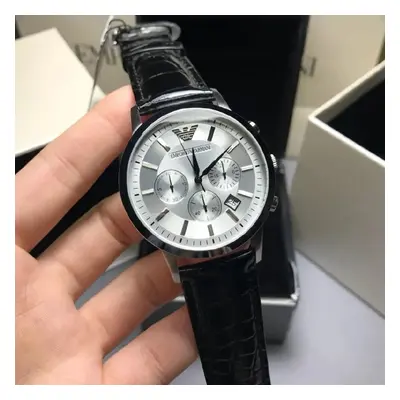 EMPORIO ARMANI MEN'S WATCH AR2432 BLACK STRAP SILVER DIAL SILVER CASE