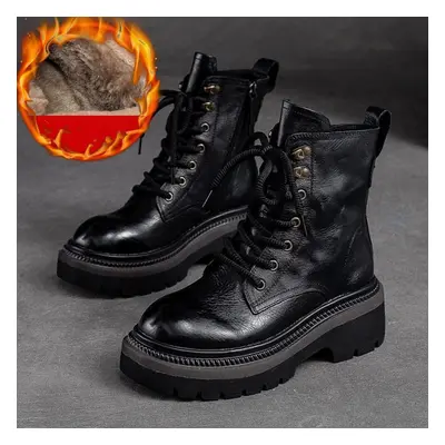 (black, 35-Plush) Johnature Thick Sole Vintage Boots Side Zipper Genuine Leather Short Boots Fas