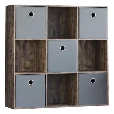 (Dark Wood, Grey) Durham 3x3 Cube Shelf Drawer Bookcase + Baskets