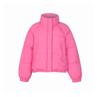 (pink, L) Women Autumn Winter Soild Color Thicken Outwear Cotton Padded Hooded Warm Jacket Coat