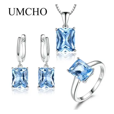 (sky blue, 9) Umcho Sky Blue Topaz Gemstone Wedding Jewelry Sets For Women Sterling Silver Engag