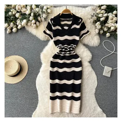 (black, One Size) Short Sleeves Striped Long Dress Lapel Neck Hollow Out Slim Bodycon Sundress F