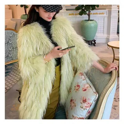 (green, S) Tassel Raccoon Fur Woven Rhinestone Faux Fur Coat Women&apos;s Mid-length Autumn Wint