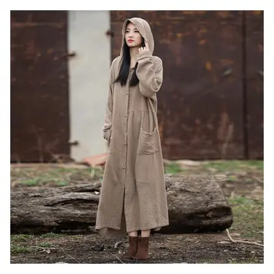 (khaki, One Size) Johnature Women Vintage Hooded Solid Color Spring Coats Button Long Sleeve Cot