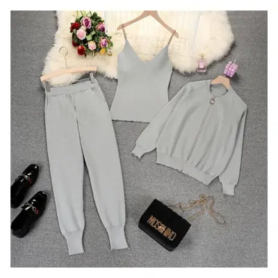 (grey, L) 3pcs/set Knitted Sweater Suit Casual Chain Vest Knitted Jacket + Elastic Pants Three-p