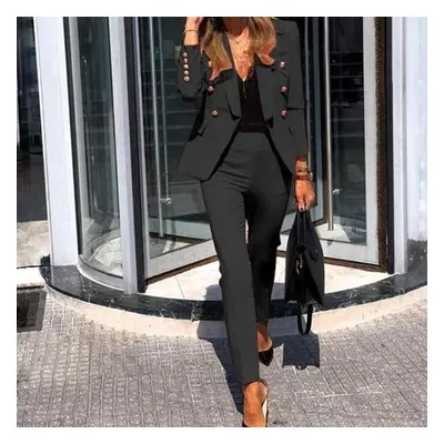 (black, M) New Arrival Women&apos;s Fashion Two-piece Casual Suits Blazer And Pants Set Office L