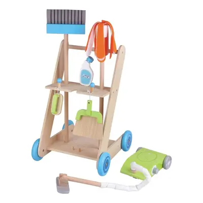 Lelin 11PC Wooden Toy Cleaning Cart Trolley Pretend Play Set for Kids