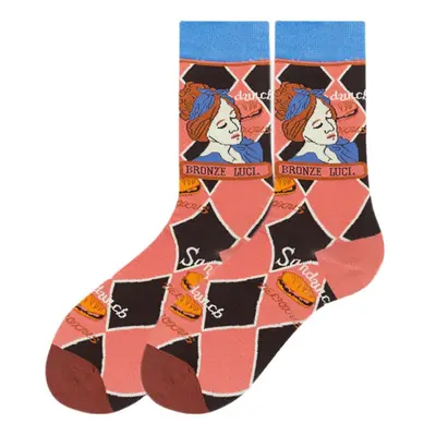 (Sky Blue) Unisex Japan Style Creative Illustration Patchwork Color Cute Couple Tube Socks