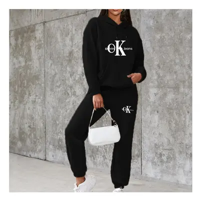 (Black, L) Women Letters Print Long Sleeve Drawstring Elastic Waist With Pocket Hooded Sweatshir