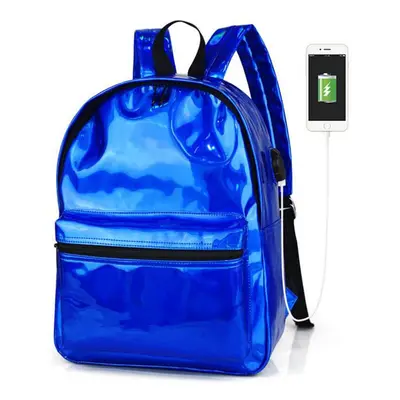 (Blue) USB PU Backpack Waterproof Inch Laptop School Bag Camping Travel Pack Shoulder Bag Handba